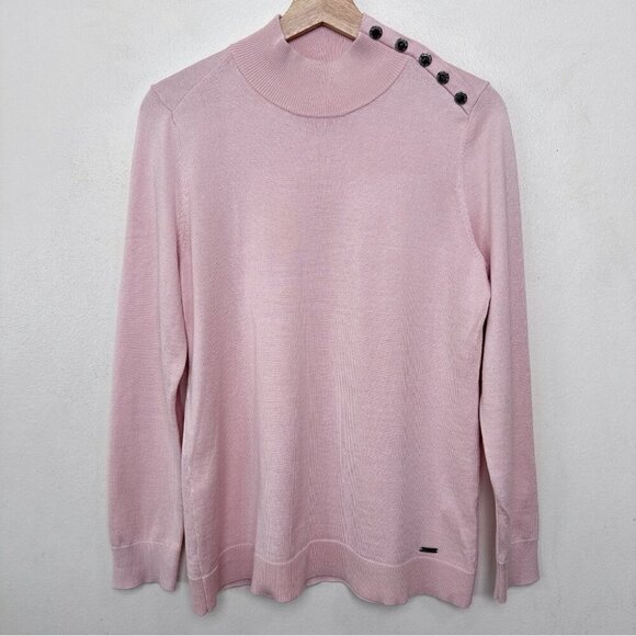 Calvin Klein Womens Medium Button Shoulder Pink Mock Neck Sweater - Picture 3 of 15
